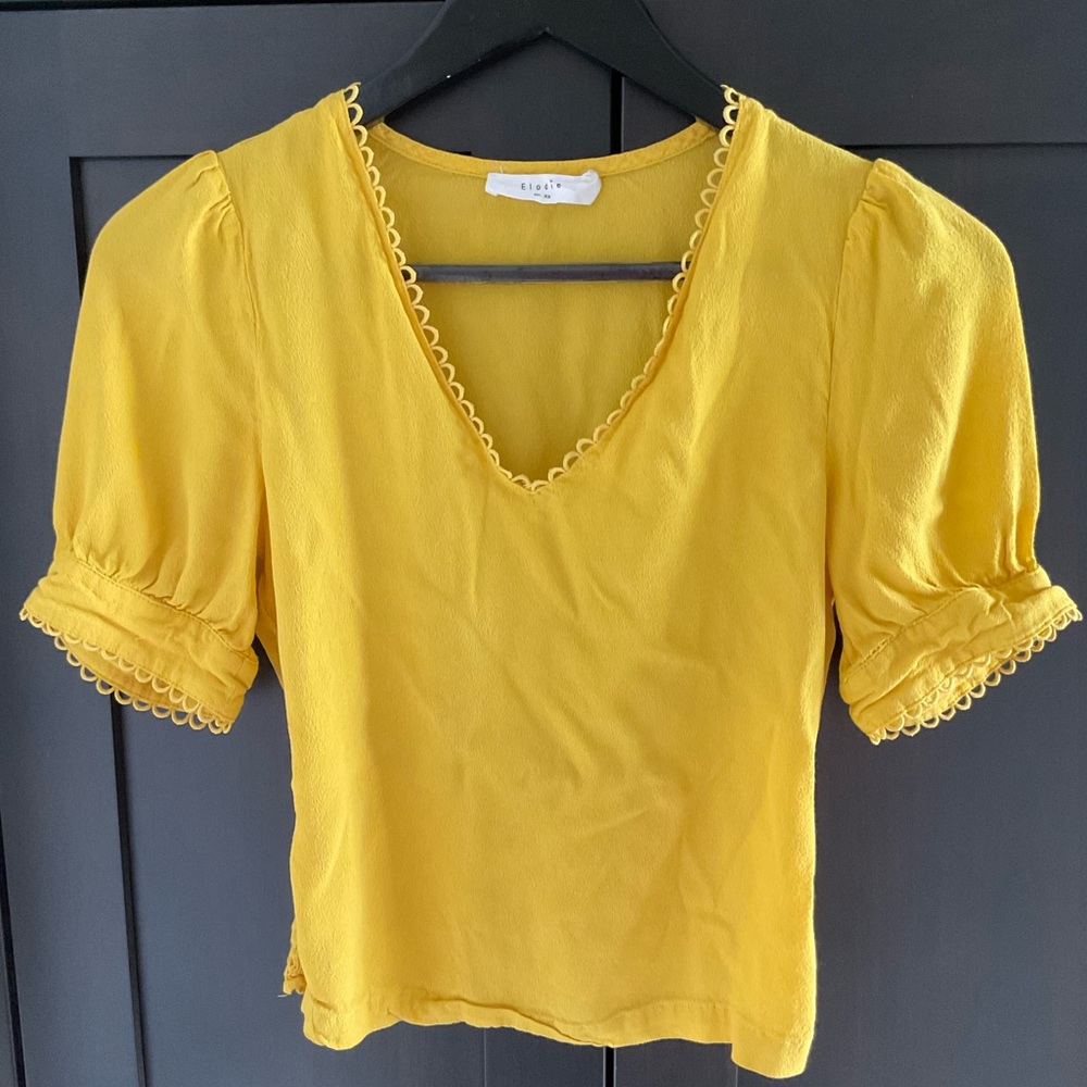 💛🌼 Elodie Anthropologie Women’s Mustard Yellow Puff Sleeve Fitted Blouse XS EUC